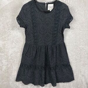 Sunday Mi Amor Mini Dress Size M Black Eyelet Lace Babydoll Crochet Trim Cotton